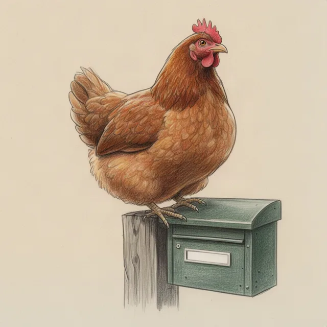 Buntstiftzeichnung: ein rostbraunes Huhn sitzt aufrecht auf einem Holzpfosten neben einem grünen Briefkasten.