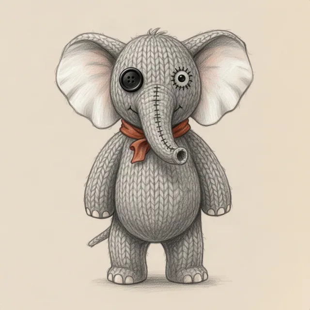 Buntstiftzeichnung: ein gestrickter grauer Elefant mit einem schwarzen Knopfauge, einem aufgestickten Auge und einem roten Halstuch.