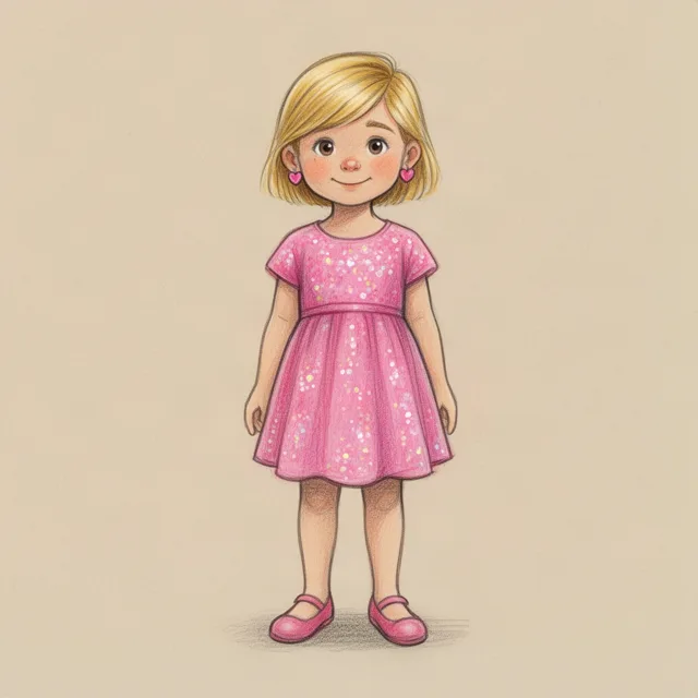 Buntstiftzeichnung: ein Mädchen mit kurzen blonden Haaren in einem pinken, glitzernden Kleid und rosa Schuhen.