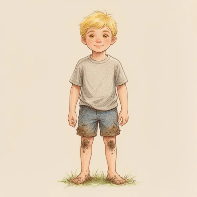 Buntstiftzeichnung: ein blonder Junge in T-Shirt und kurzer Hose, barfuss im Gras, mit erdigen Knien.