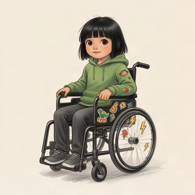 Buntstiftzeichnung: ein Mädchen mit dunklem Bob in grünem Kapuzenpulli sitzt in einem schwarzen Rollstuhl voller bunter Sticker.