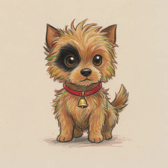 Referenzbild: ein kleiner struppiger Terrier mit rotem Halsband und Glöckchen, von vorn, auf leerem Hintergrund.