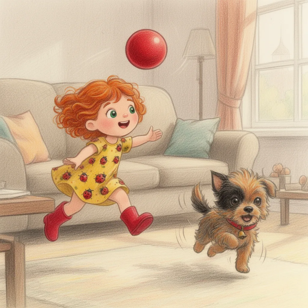 Buntstiftzeichnung: ein Mädchen mit kupferroten Locken und roten Gummistiefeln wirft im Wohnzimmer einen roten Ball, ein kleiner Terrier springt hinterher.