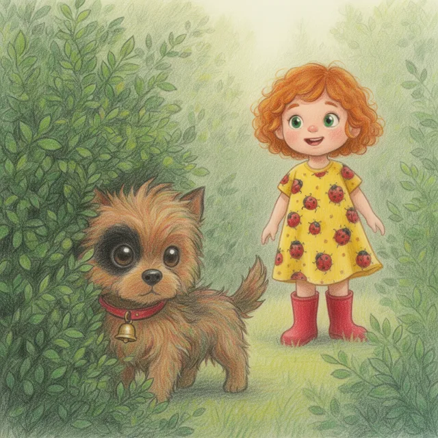 Buntstiftzeichnung: derselbe Terrier steht halb hinter einem Busch, das Mädchen im gelben Kleid mit Marienkäfern schaut im hellen Garten zu ihm.
